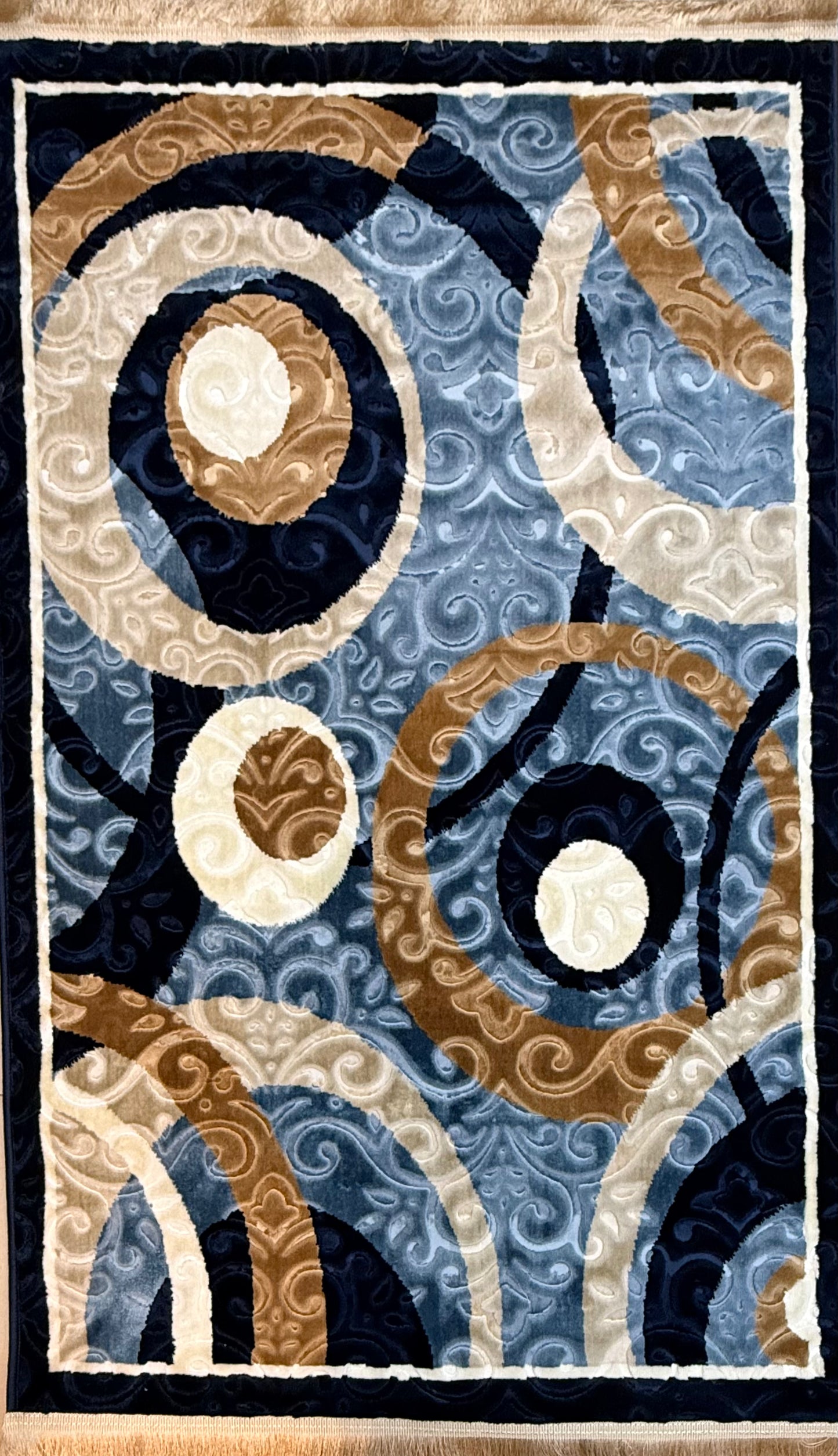 Modern Abstract Circle Pattern Blue, Beige, and Brown Area Rug - 100x150 cm (Approx. 3'3" x 5'0")