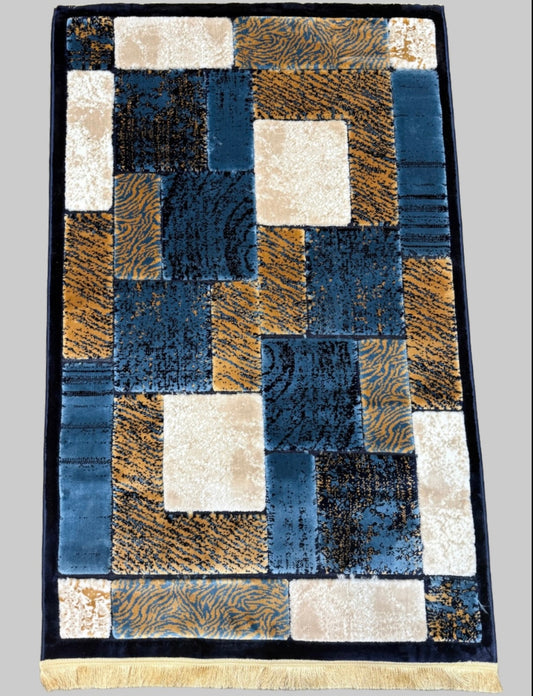 Modern Mosaic Velvet Navy blue, gold, ivory & cream Rug – Size 100x150cm (3.3x4.11)ft