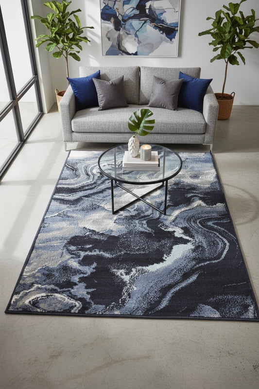 Midnight Marble Abstract Area Rug | deep navy, charcoal gray, and slate | Size 3.3x5.0 ft