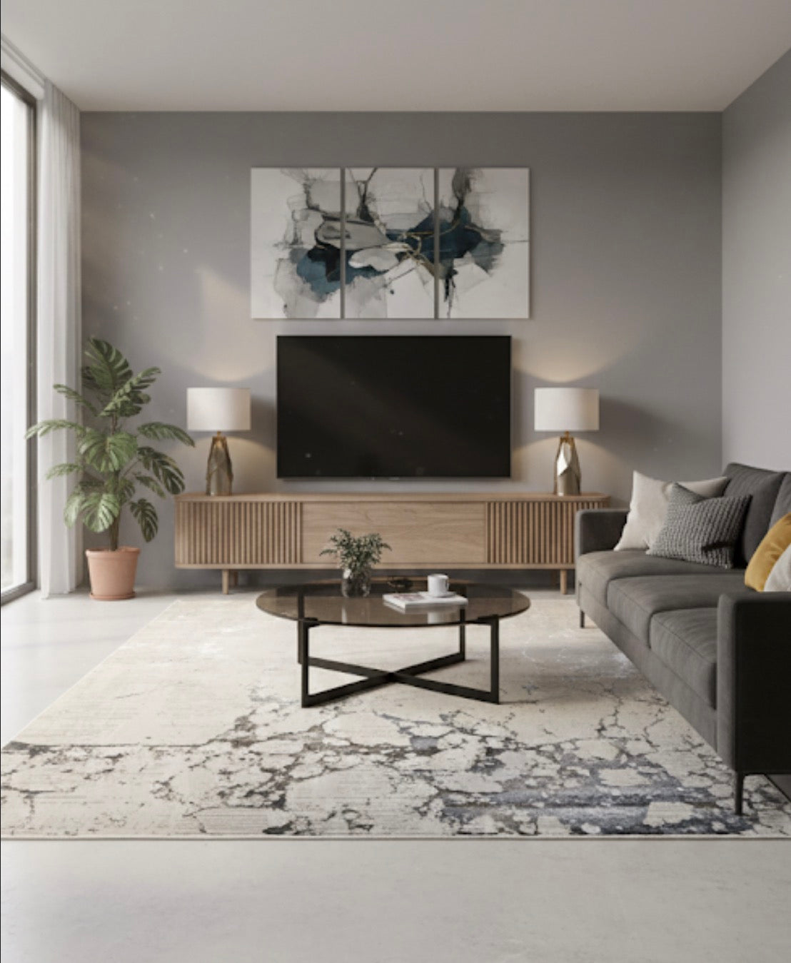 Distressed Abstract Marble Rug in shades of grey, cream & charcoal | Size 150x220cm (4.11x7.2 ft)