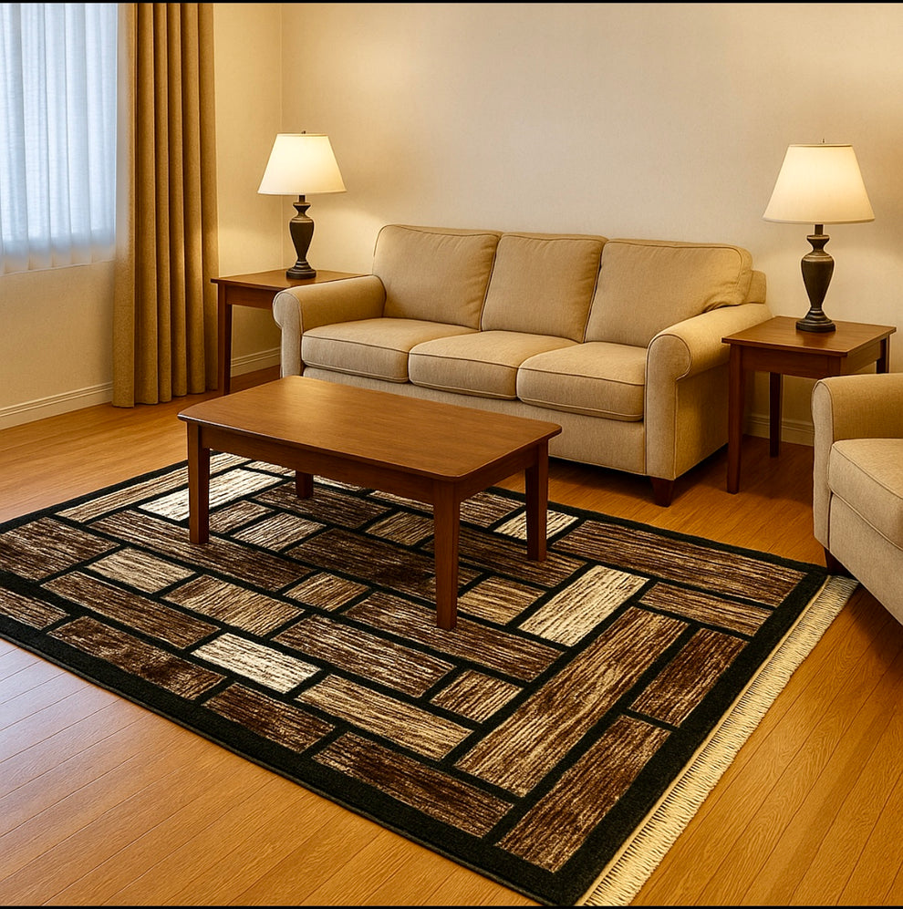Rustic Wood Plank Pattern Rug - Earthy Black,Browns & Creams - Size Mu ...