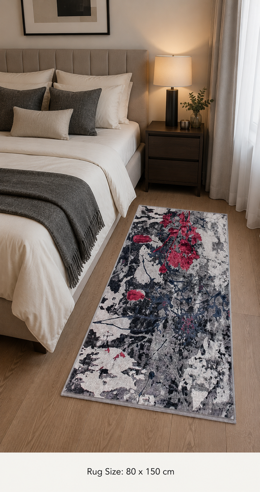 Floral Modern Area Rug | charcoal pink grey | Size 80x150 cm (2.7x4.11)ft