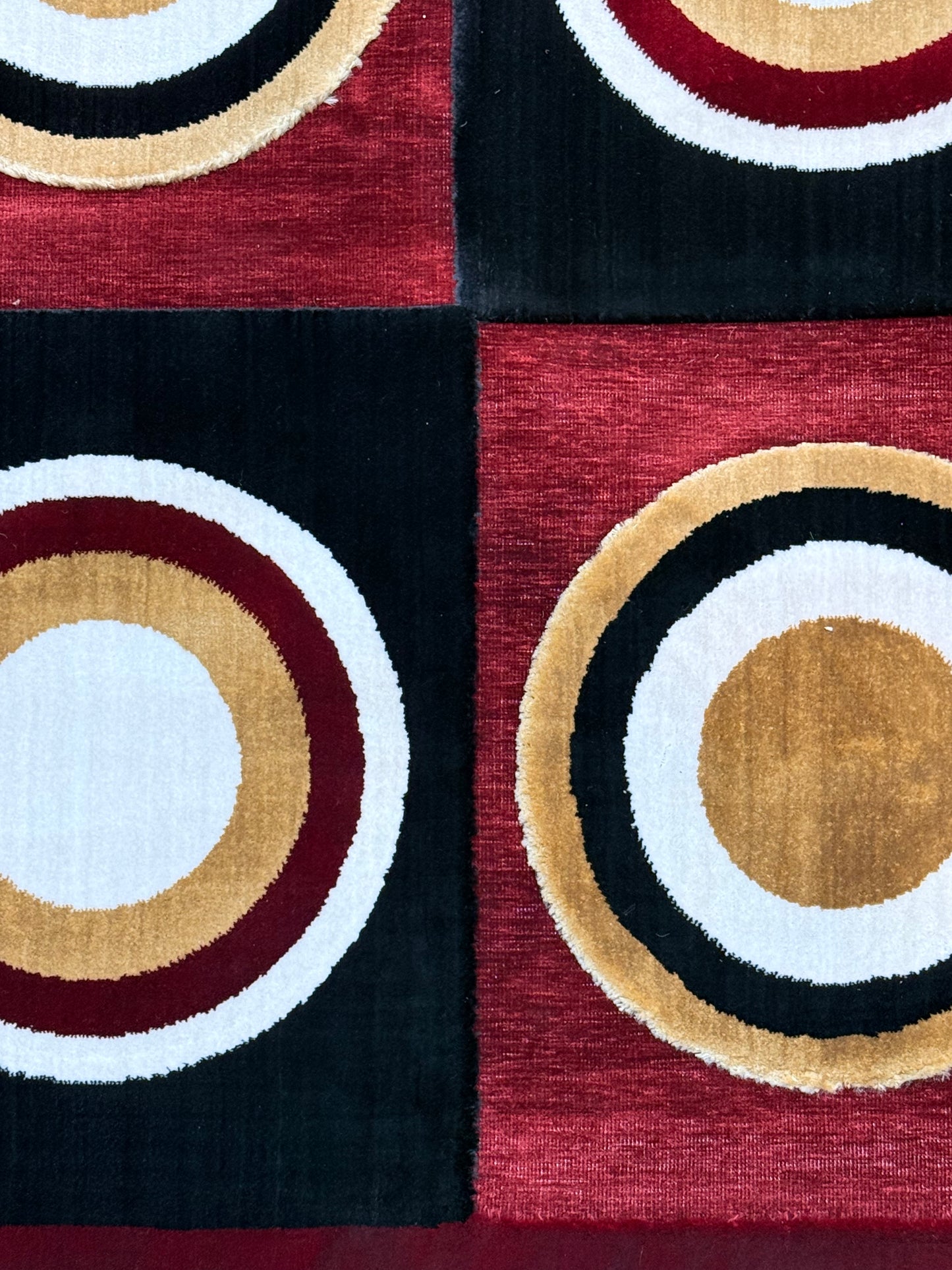 Chenille Modern Geometric Circles Rug - Red, Gold, and Black Accent