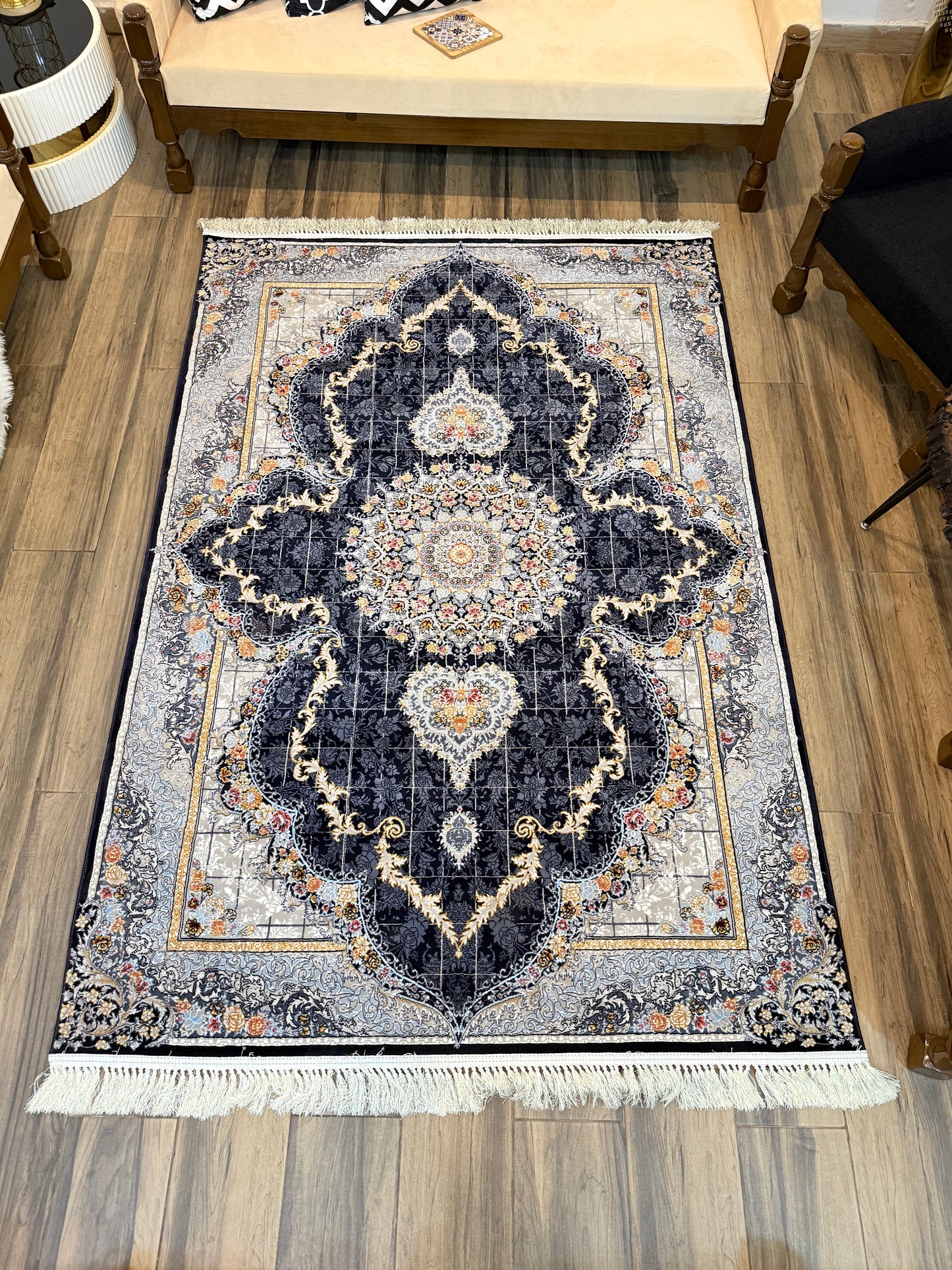 Elegant Persian-Style Navy and Gold Rug -  Size 150x220cm (4.11x7.3)ft