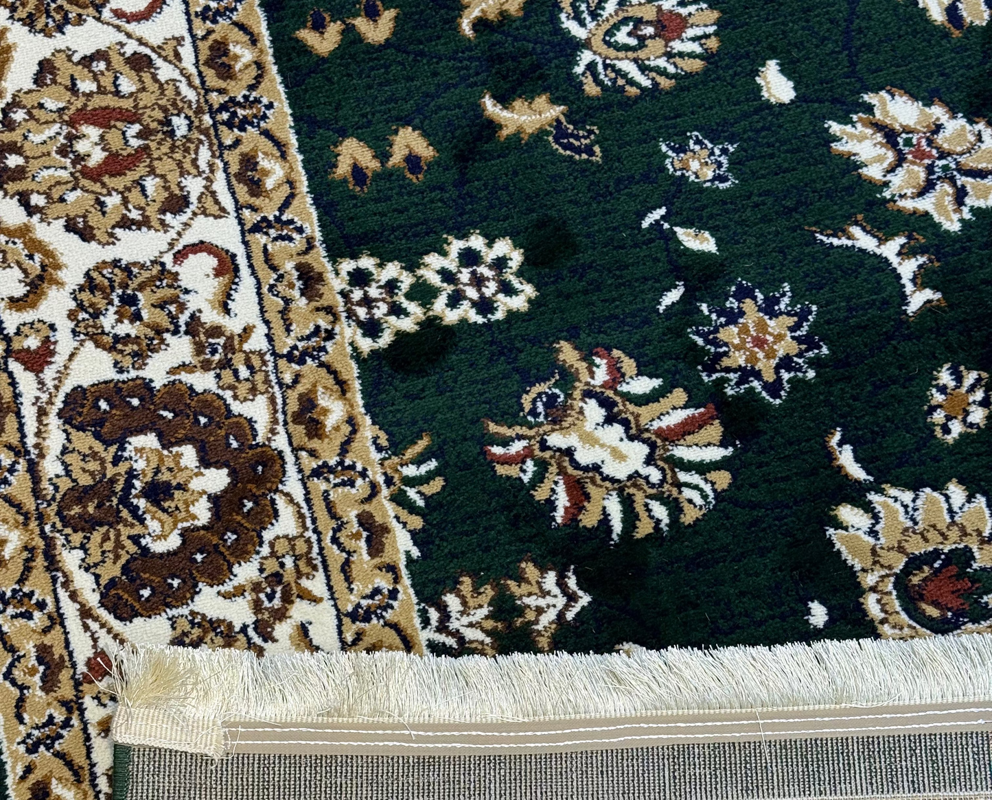 Persian Design Area Rug – Dark Green with Cream & Gold Accents, 200x290 cm (6.5x9.5 ft)