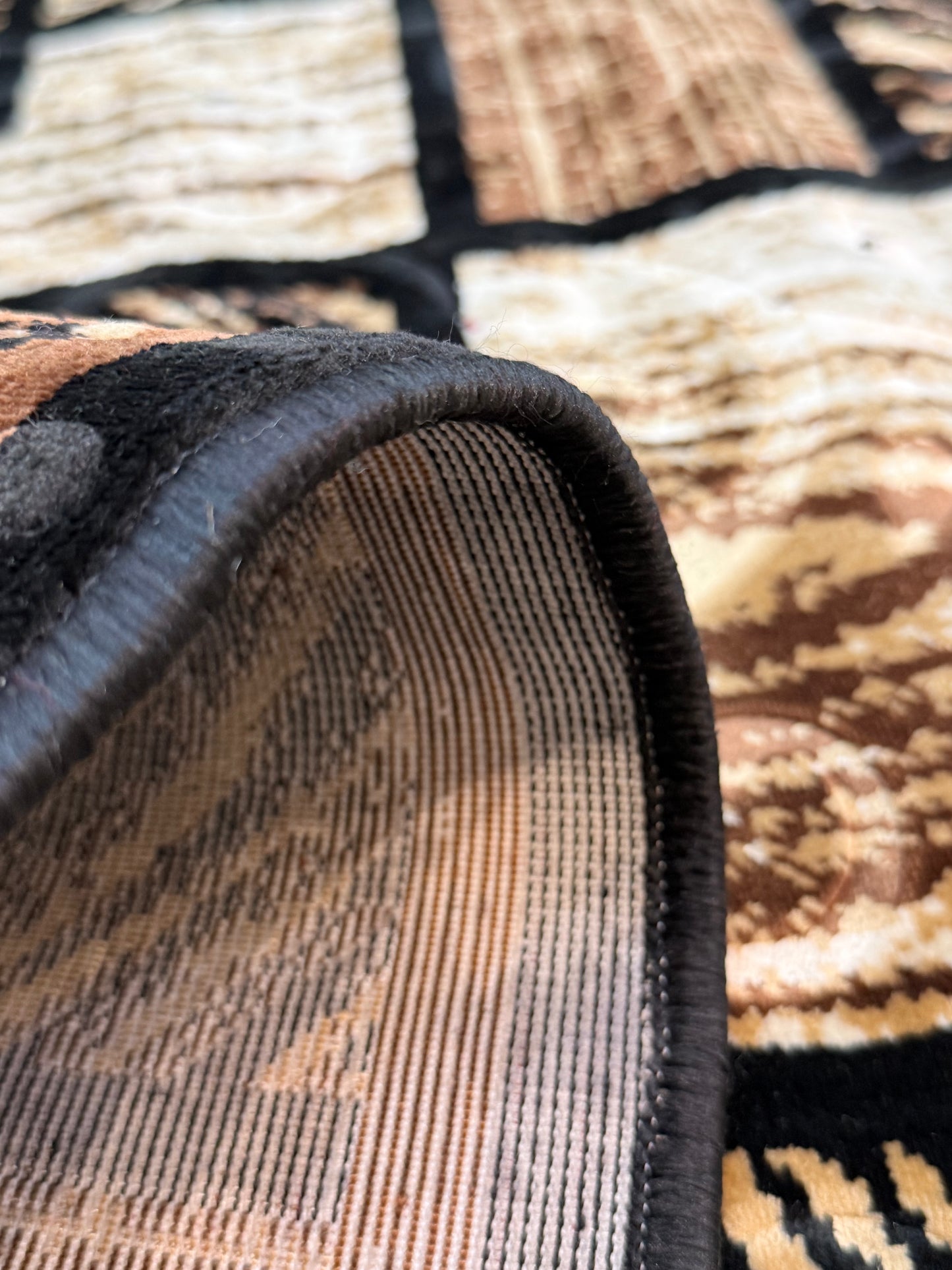 Geometric Patchwork Rug – Elegant Brown, Beige & Black Pattern | Soft & Durable | 100×150 cm (3.3×4.9 ft)
