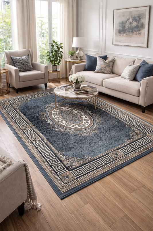 Classic Medallion Border Area Rug | Dark Blue Grey Beige Cream | Size 5x7.3 Feet