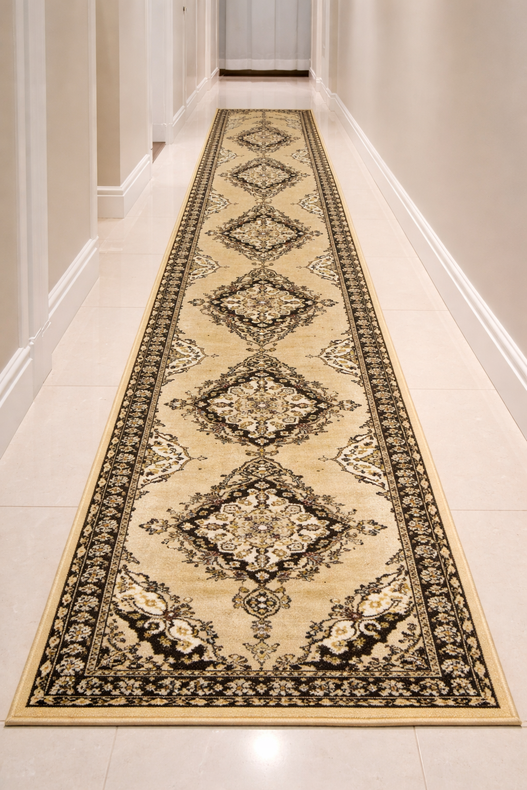 Traditional Persian Style Hallway Runner | Beige Brown & Black | Size 2.7x13 ft