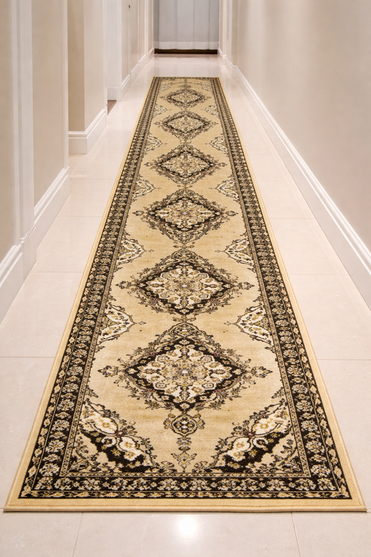 Traditional Persian Style Hallway Runner | Beige Brown & Black | Size 2.7x13 ft