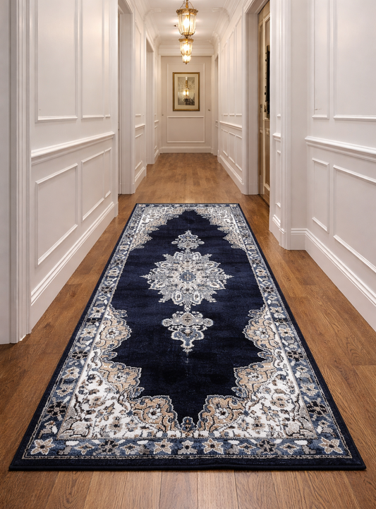 Traditional Medallion Area Rug |Navy Blue, Cream, and Grey |Size 2.7x5.0 ft.
