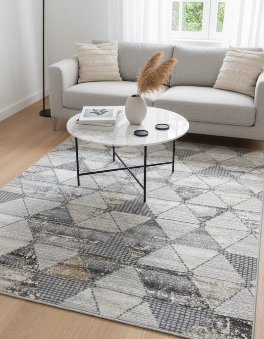 Geometric Triangles Rug | Grey, Cream, and Earthy Tones | Size 152x213 cm (5.2x7.0 ft)