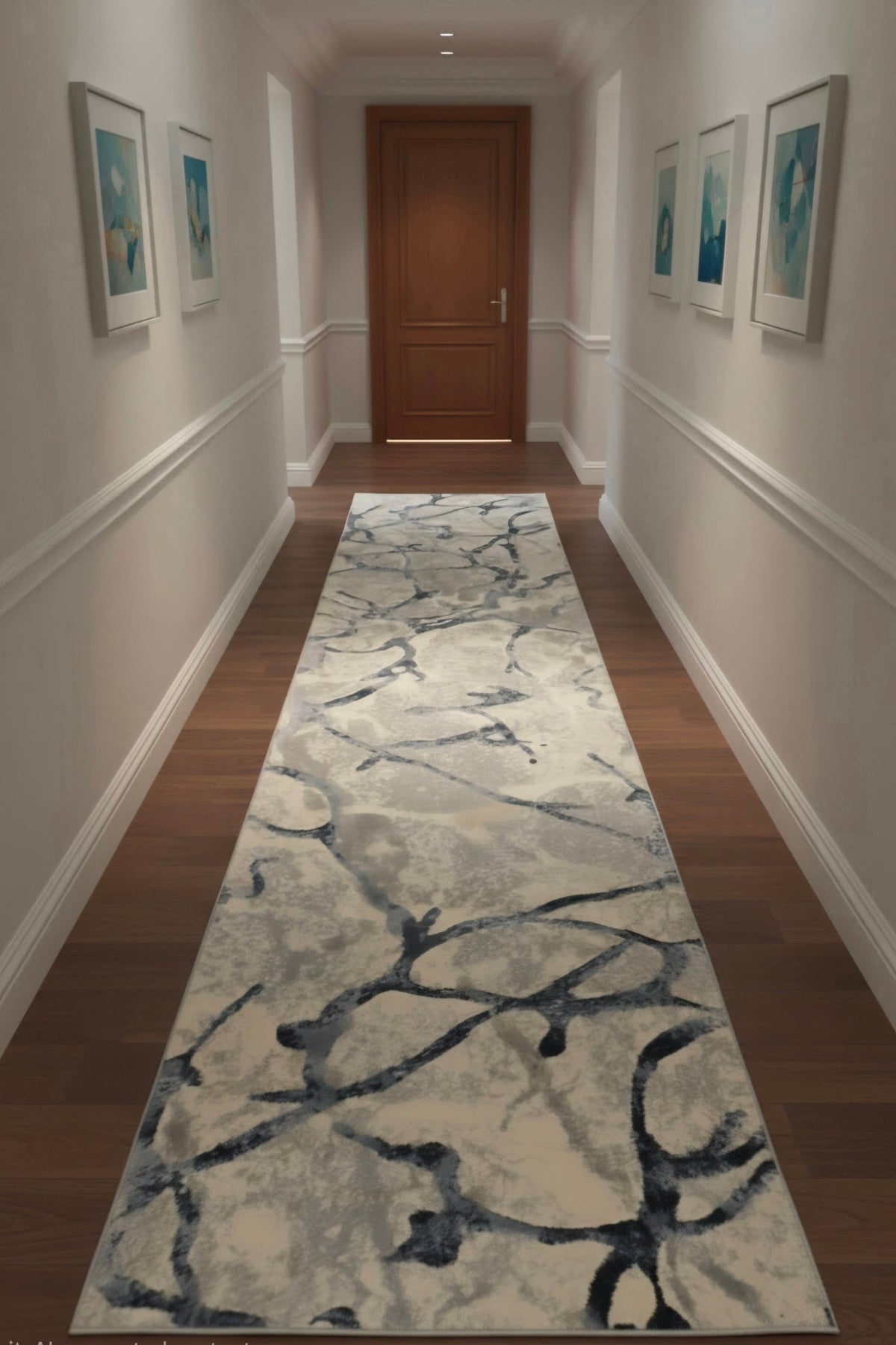 Abstract Branch Marble Runner Area Rug | Ivory, Charcoal Grey, Navy Blue | Size 100x380 cm (3.3x12.5 ft)