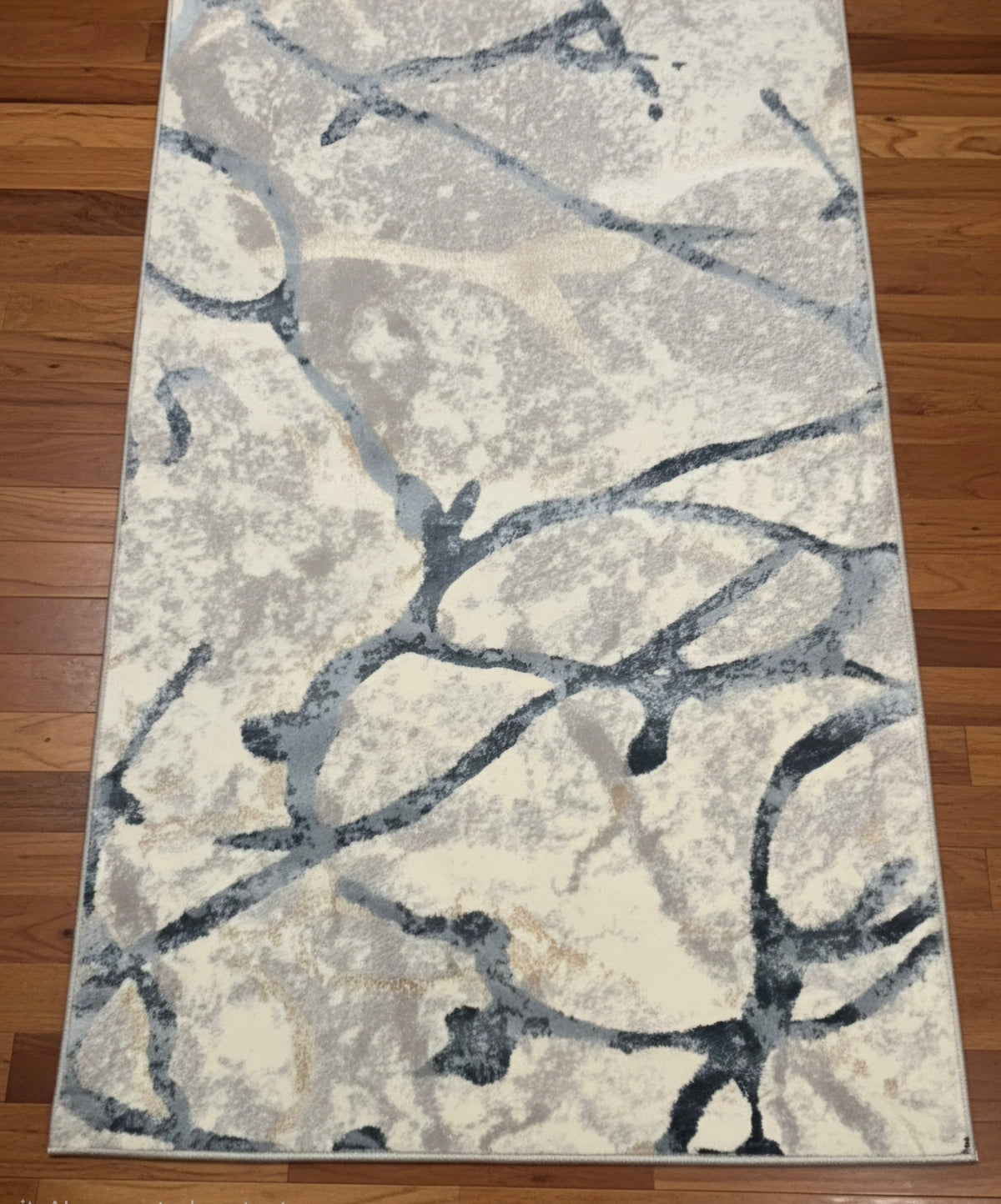 Abstract Branch Marble Runner Area Rug | Ivory, Charcoal Grey, Navy Blue | Size 100x380 cm (3.3x12.5 ft)